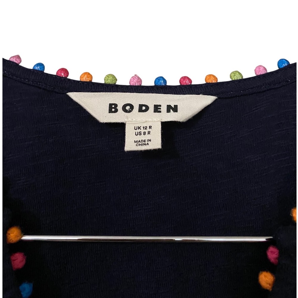 Boden Tara Tiered Midi Dress US 8 Pom Trim 100% Cotton Navy Blue - Picture 10 of 15